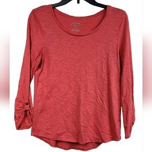 Chico's Ultimate Tee Revi Roll-Tab Slub Knit Top Party Punch Women's Coral Shirt